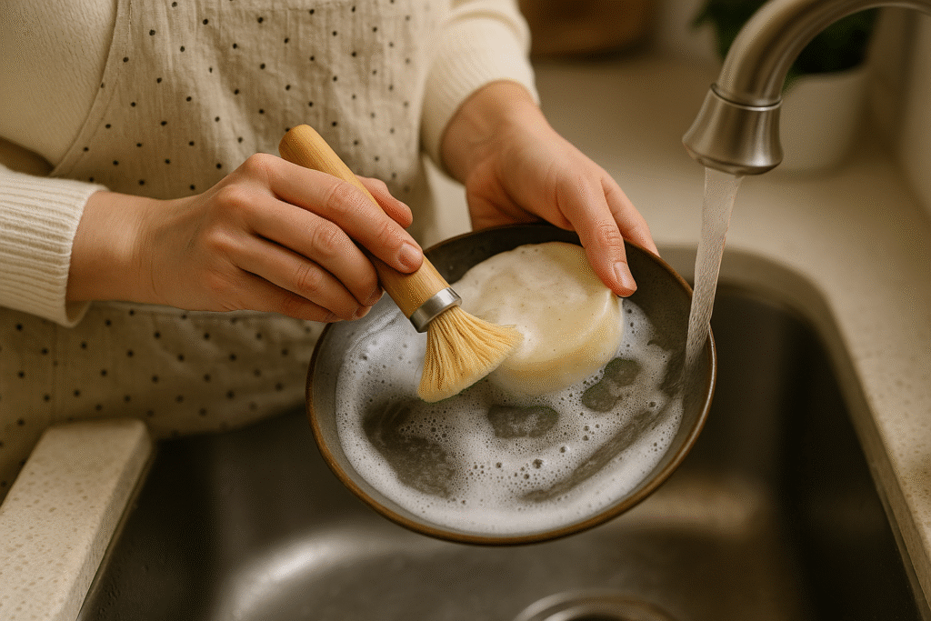 Person washing a plate with solid dish soap and bamboo brush at a kitchen sink